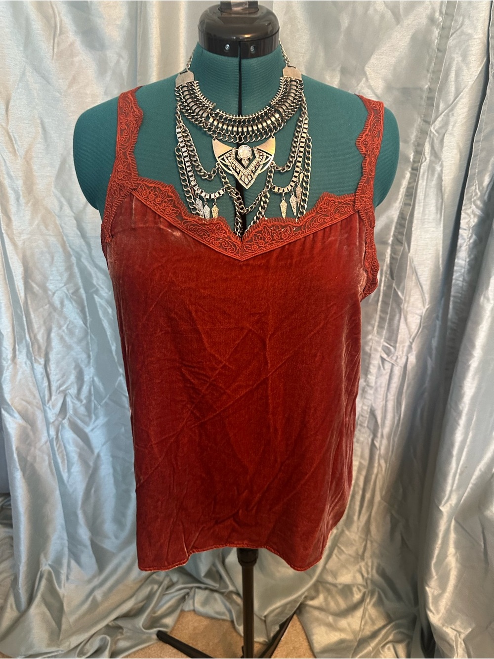 Velvet Lace-Trim Camisole Tank Top - Rust